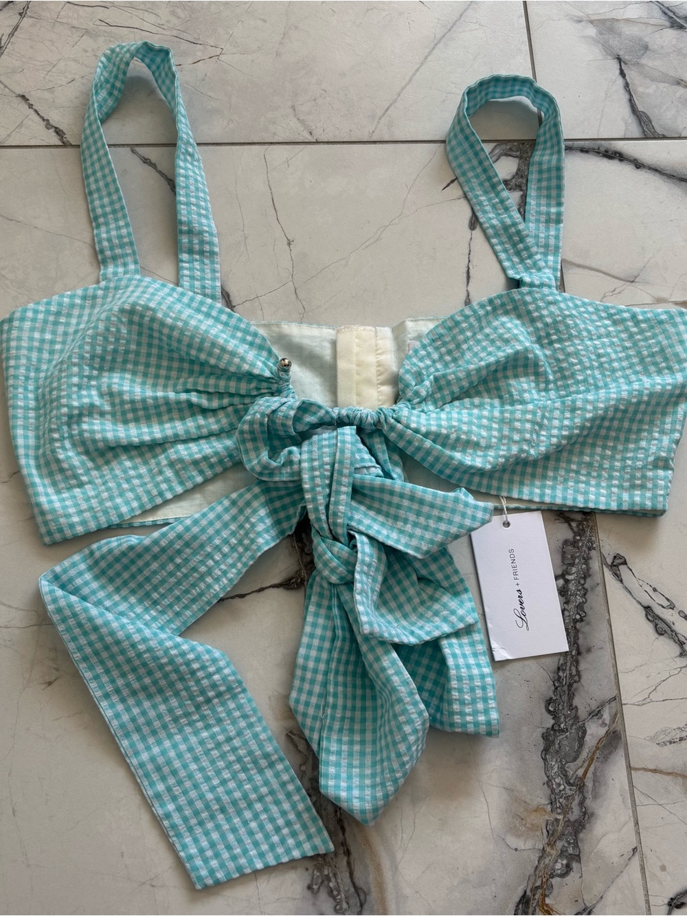 Lovers + Friends Aqua Gingham Tie-Front Crop Top
